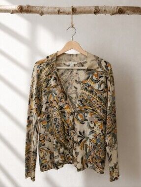 Coldwater Creek Cream and Mustard Paisley Open Cardigan